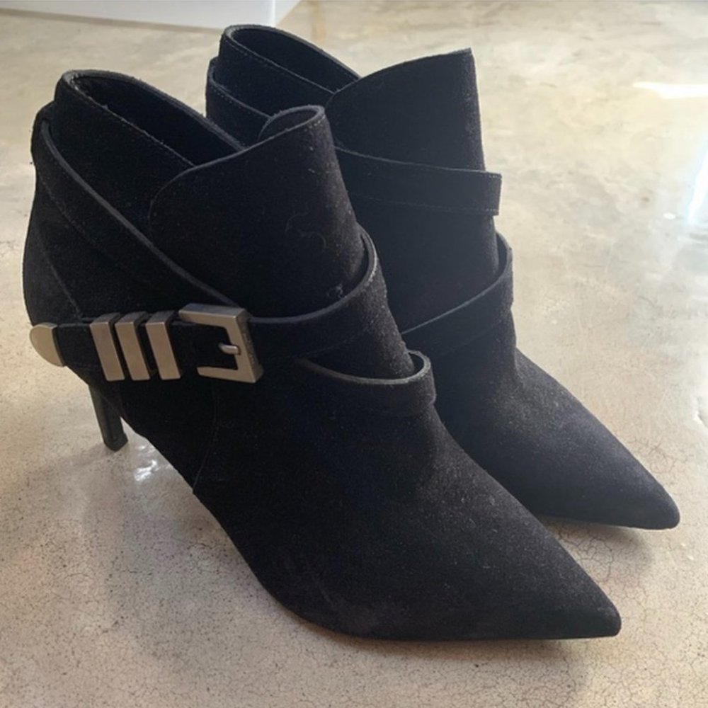 YSL Black Suede Ankle Booties with Buckle